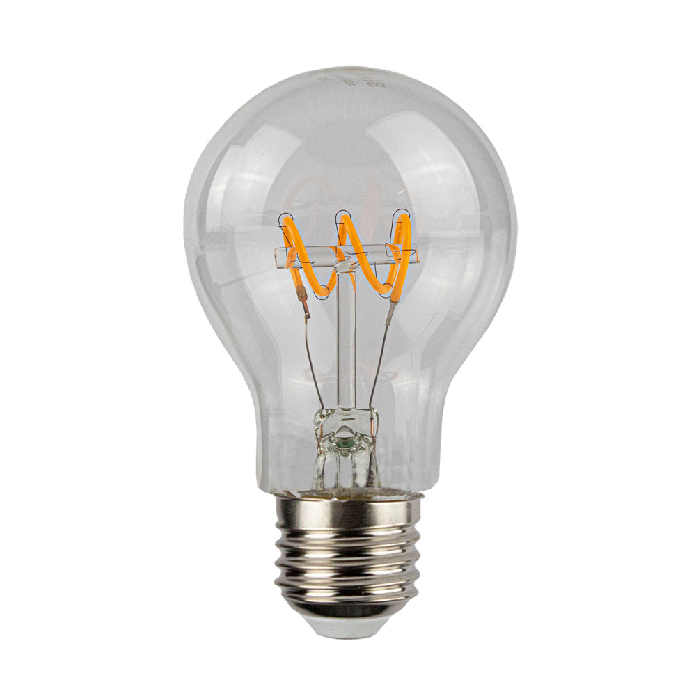 Helle LED-Filamentlampe mit E27-Fassung, klassische Birnenform, Vorderansicht.