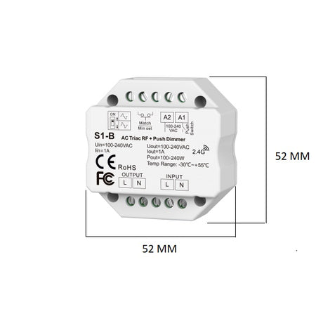 AC Triac RF inbouw draadloze dimmer - 100-240V - Push to dim - Afmetingen