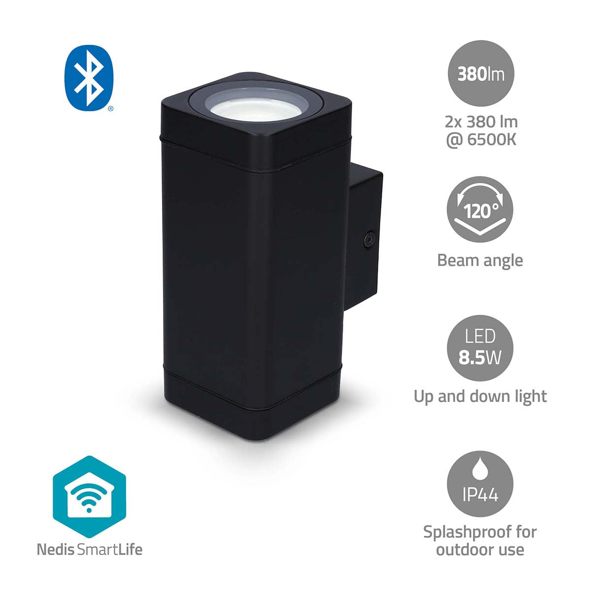 Seitenansicht einer schwarzen Nedis SmartLife LED-Wandleuchte mit zwei Lichtstrahlen (nach oben und unten), ausgestattet mit Bluetooth-Konnektivität, 2 x 380 Lumen bei 6500 K, einem Abstrahlwinkel von 120°, 8,5 W LED-Licht und IP44-Spritzwasserschutz für den Außenbereich.