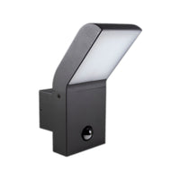 Moderne schwarze LED-Außenwandleuchte mit Bewegungsmelder, schräge Frontansicht.