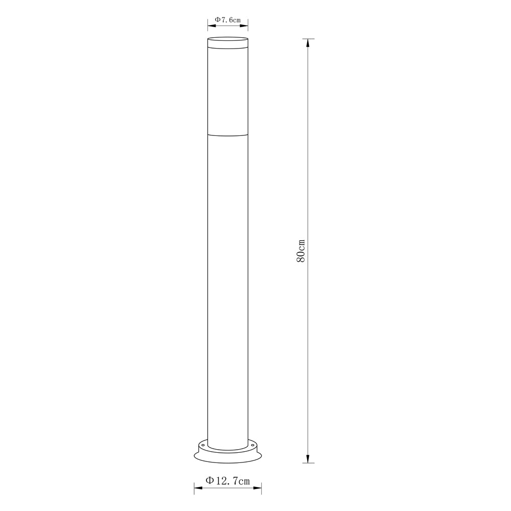 Technische Strichzeichnung einer zylindrischen Außensockellampe mit den Maßen, Vorderansicht, 80 cm hoch, oberer Durchmesser 7,6 cm und unterer Durchmesser 12,7 cm.