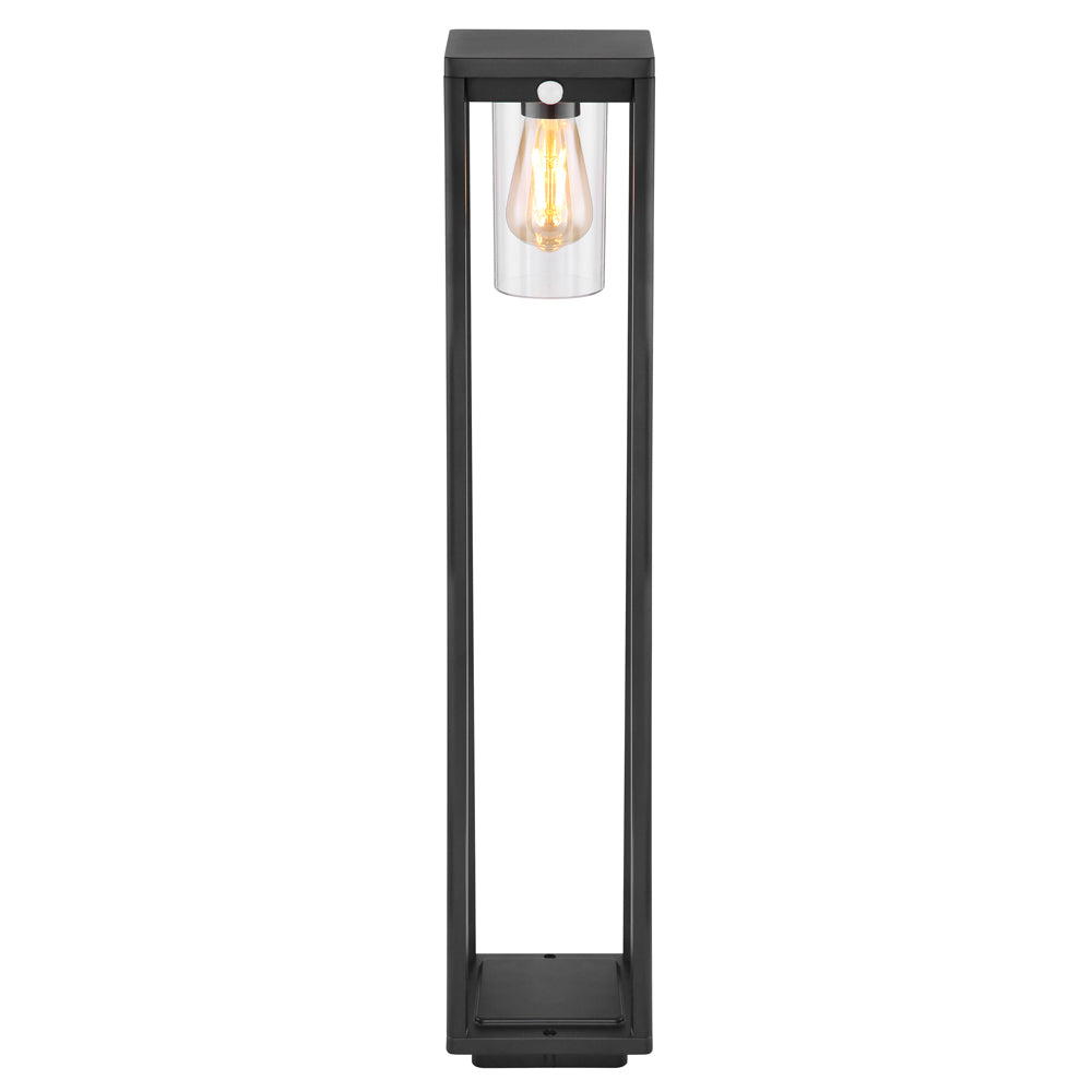 LED vierkante buitenstaander 80cm E27 fitting - sensor - vooraanzicht lamp aan