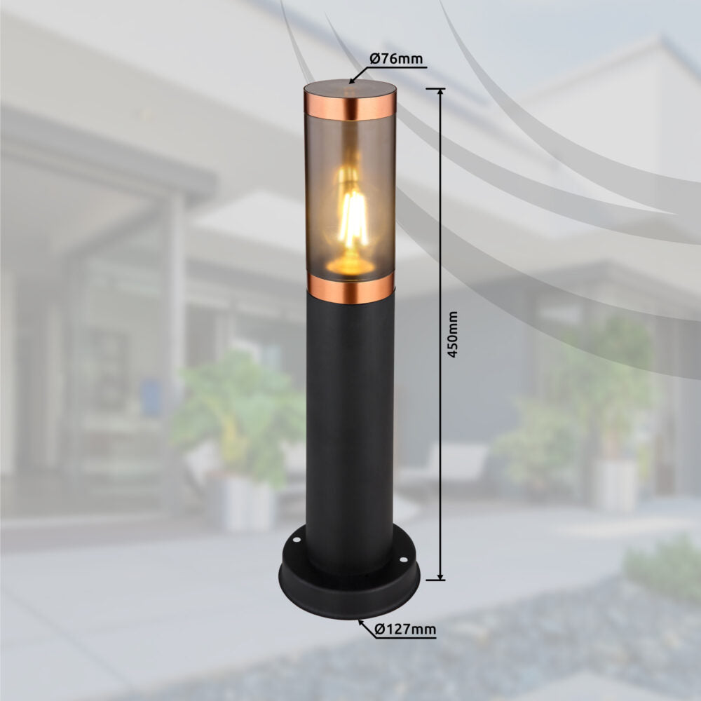 Stehende Außenleuchte in Schwarz-Kupfer-Design, zylindrische Form und klarer Schirm, in der Vorderansicht dargestellt mit den Abmessungen Ø76mm oben, Ø127mm unten und Höhe 450mm – ideal für die moderne Garten- oder Einfahrtsbeleuchtung.