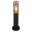 Moderne schwarze Außenleuchte mit kupferfarbenen Akzenten und transparentem Schirm, Standmodell, Frontansicht mit sichtbarer Lichtquelle.