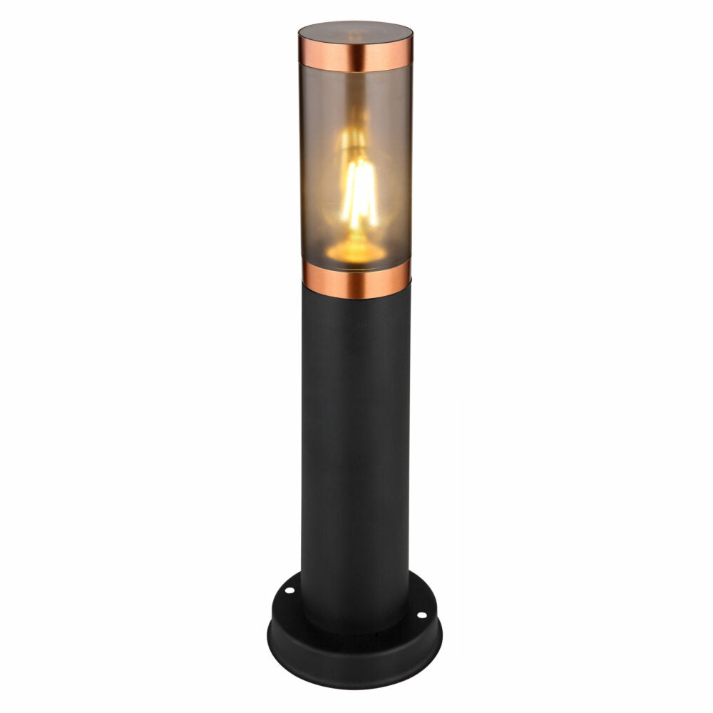 Moderne schwarze Außenleuchte mit kupferfarbenen Akzenten und transparentem Schirm, Standmodell, Frontansicht mit sichtbarer Lichtquelle.