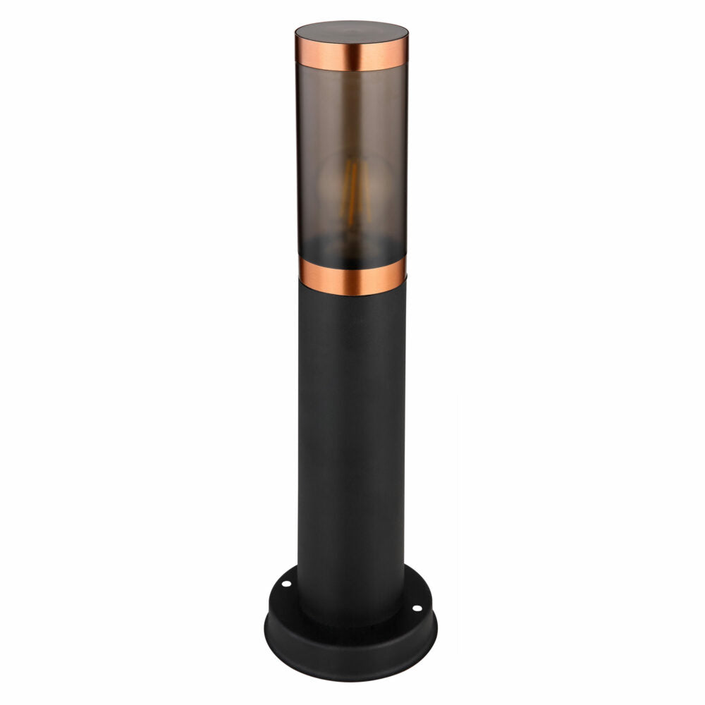 Moderne schwarze LED-Außenleuchte mit zylindrischem Design und Kupferakzenten, Vorderansicht. Geeignet zur Garten- oder Wegbeleuchtung.