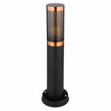 Moderne schwarze LED-Außenleuchte mit zylindrischem Design und Kupferakzenten, Vorderansicht. Geeignet zur Garten- oder Wegbeleuchtung.