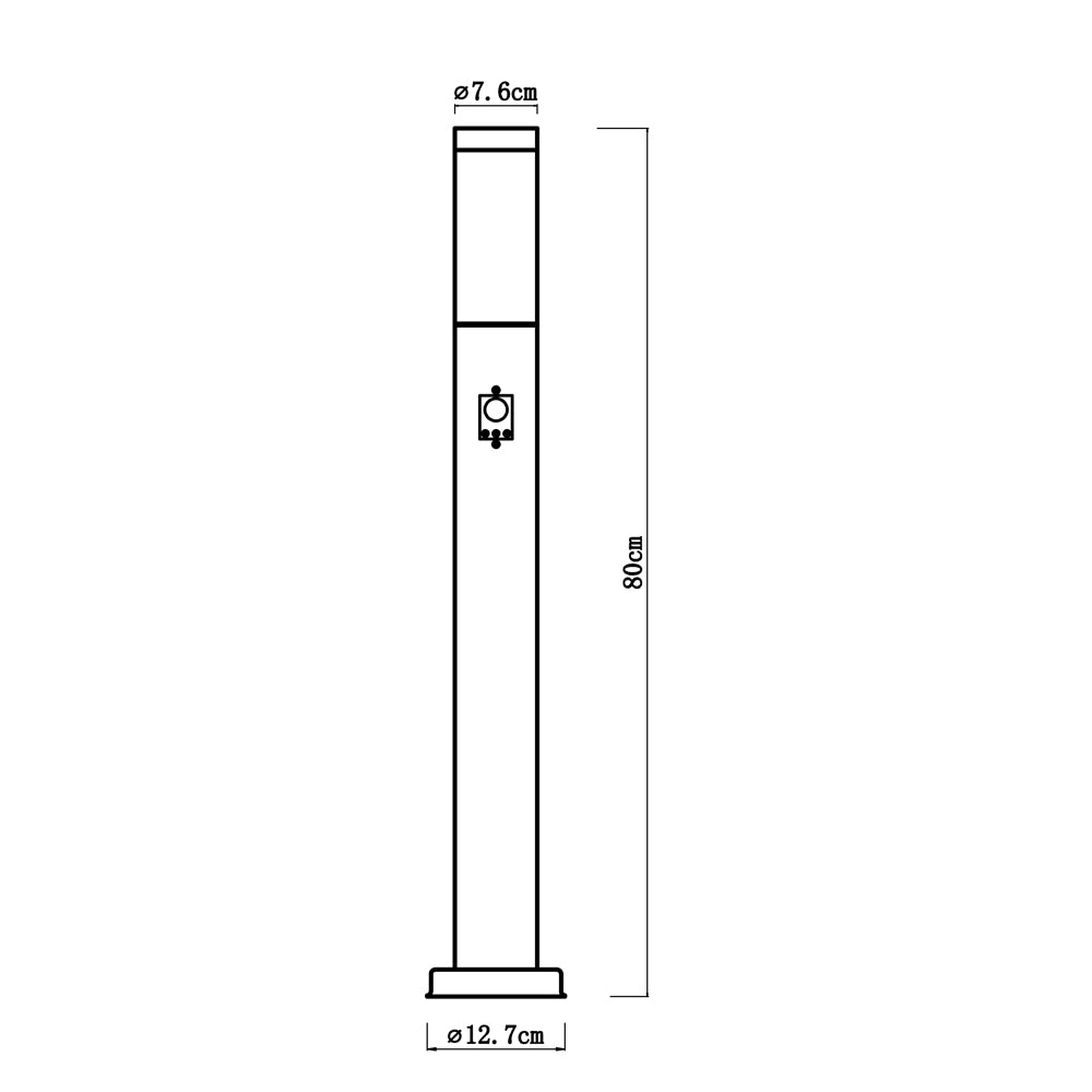 Technische Zeichnung eines zylindrischen Außenleuchtensockelpfostens mit Sensor, Vorderansicht, mit den Maßen 80 cm Höhe, 7,6 cm Durchmesser oben und 12,7 cm Durchmesser unten.