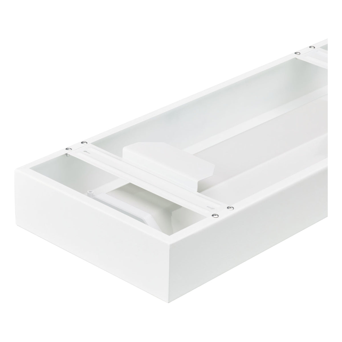 Weißer Schubladeneinsatz aus Metall für Schreib- oder Arbeitstisch, schräge Draufsicht mit Blick auf das Innere und Befestigungsmaterial.