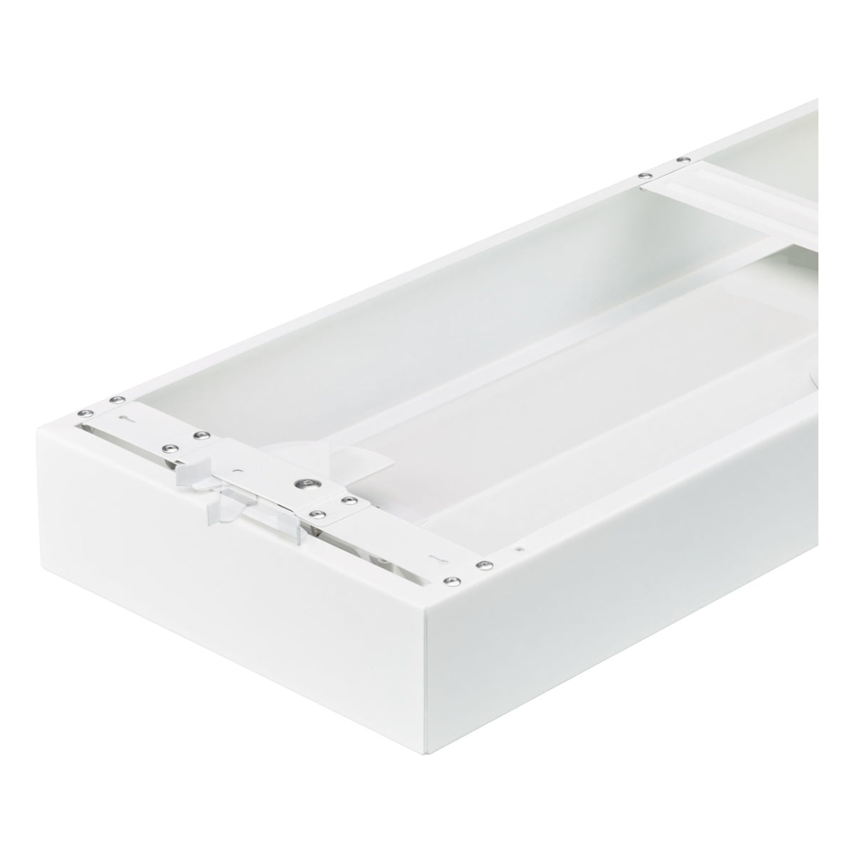 Nahaufnahme einer weißen IKEA METOD-Schubladeneinheit ohne Front von oben, die das Metallmontagesystem und das Innere der Schublade zeigt.