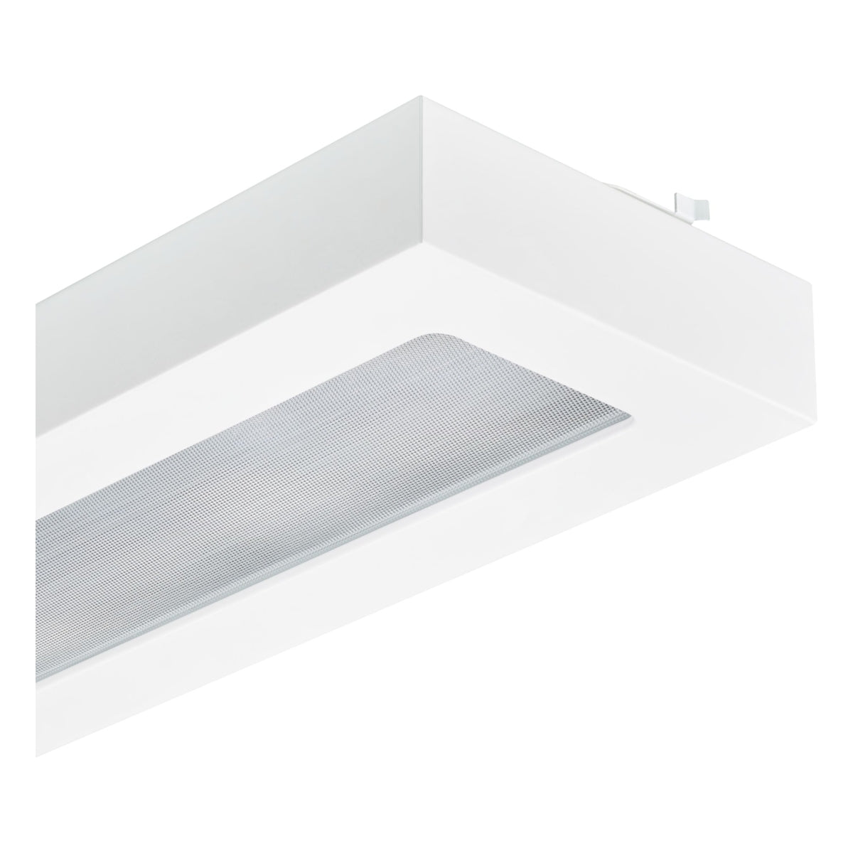 Weiße LED-Deckenaufbauleuchte mit Raster, abgewinkelte Unteransicht der Leuchte für Büro- oder Shopbeleuchtung.
