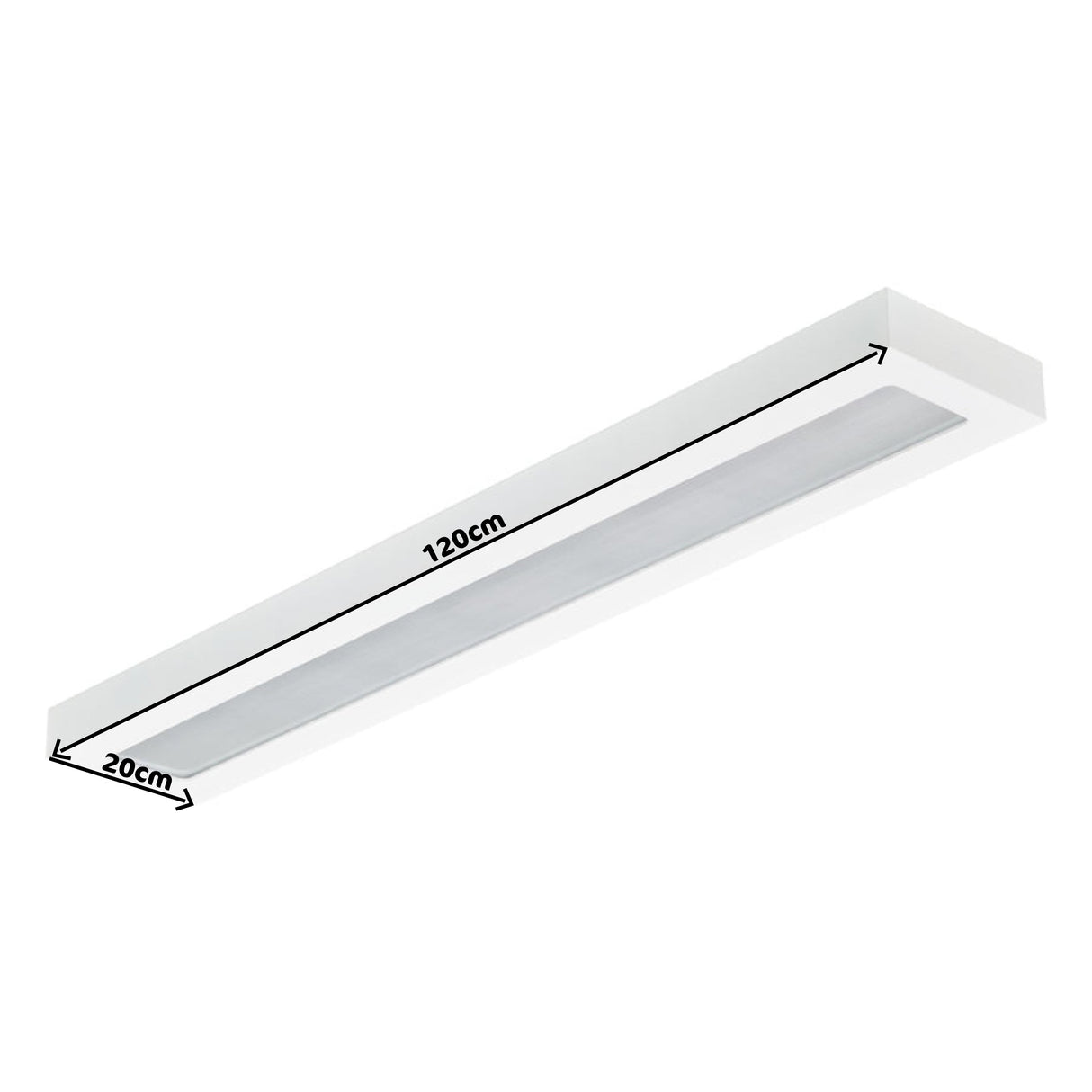Weiße rechteckige LED-Deckenleuchte, 120 cm lang und 20 cm breit, schräg von unten fotografiert mit Maßangaben.
