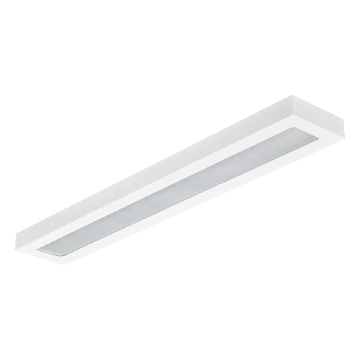 Weiße rechteckige LED-Deckenleuchte mit mattiertem Sockel, schräg von unten fotografiert, ideal für moderne Büro- oder Wohnräume.