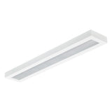 Weiße rechteckige LED-Deckenleuchte mit mattiertem Sockel, schräg von unten fotografiert, ideal für moderne Büro- oder Wohnräume.
