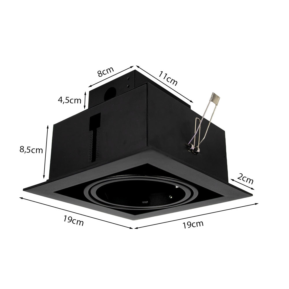 Vierkante inbouwspot AR111 | 160x160mm | Enkel | Zwart | Afmetingen