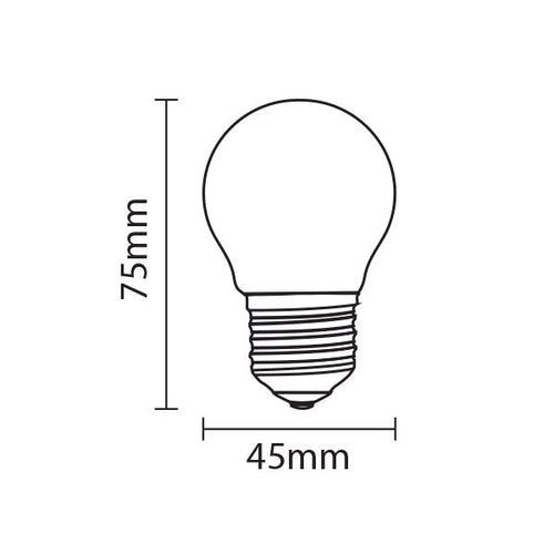 Technische Strichzeichnung einer LED-Lampe mit E27-Fassung, Vorderansicht mit den Abmessungen 75 mm Höhe und 45 mm Durchmesser, geeignet für Produktbeschreibungen und Spezifikationsübersichten.