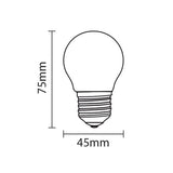 Technische Strichzeichnung einer LED-Lampe mit E27-Fassung, Vorderansicht mit den Abmessungen 75 mm Höhe und 45 mm Durchmesser, geeignet für Produktbeschreibungen und Spezifikationsübersichten.