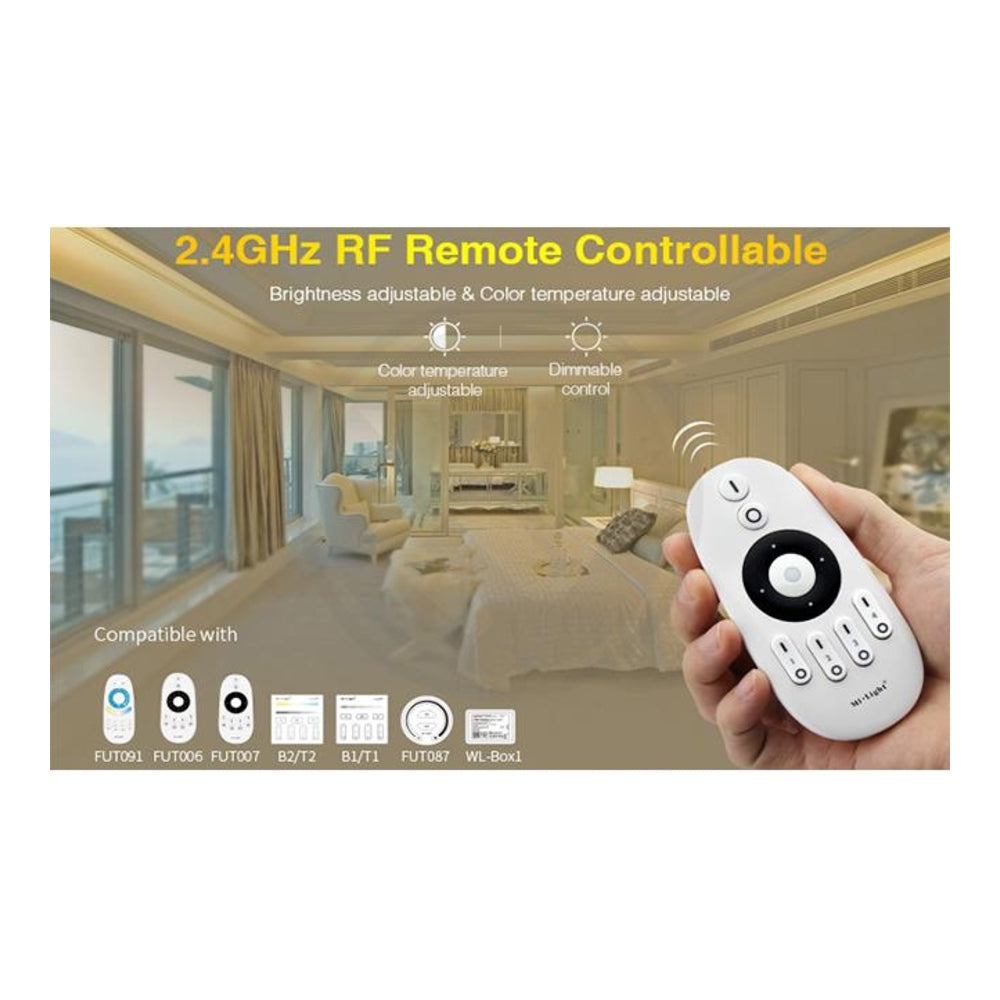 2,4-GHz-RF-Fernbedienung für die Beleuchtung, mit einstellbarer Helligkeit und Farbtemperatur, geeignet für verschiedene kompatible Modelle, Nahaufnahme der Fernbedienung in einer modernen Schlafzimmerumgebung.