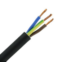 Nahaufnahme eines schwarzen Elektrokabels mit drei Kupferadern (blau, gelb/grün, braun) ohne Ummantelung, mit den abisolierten Enden.