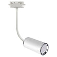 Weißer zylindrischer LED-Schienenstrahler mit glänzendem Chromrand, Seitenansicht, montiert auf einem weißen Schienenadapter.