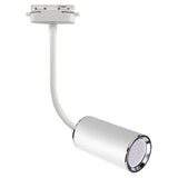 Weißer zylindrischer LED-Schienenstrahler mit glänzendem Chromrand, Seitenansicht, montiert auf einem weißen Schienenadapter.
