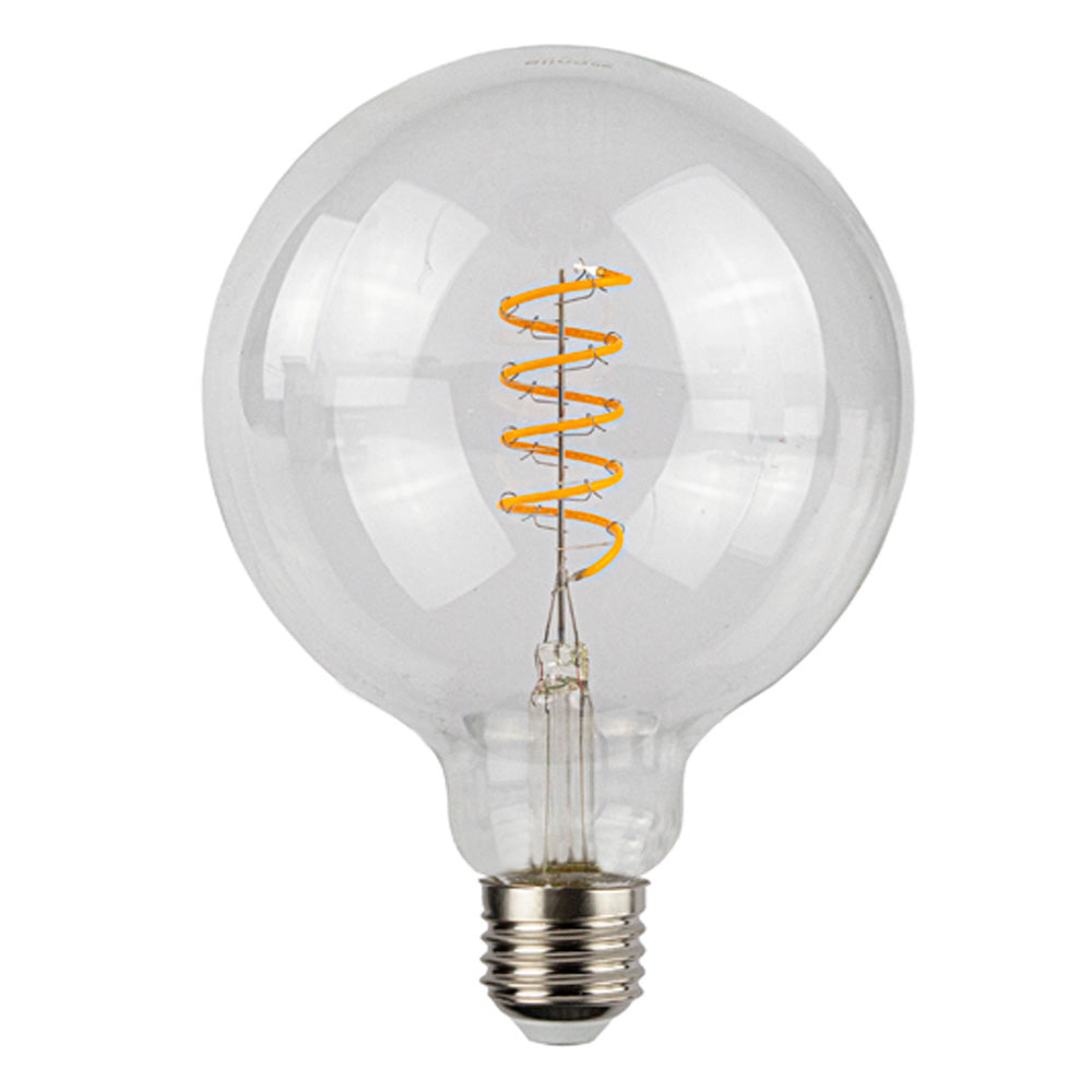 Dekorative LED-Filamentlampe G125 mit Spiralfaden, klarem Glas und E27-Fassung, Vorderansicht.
