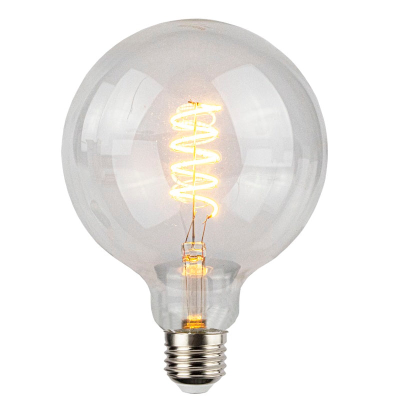 Klares Bild einer Vintage-LED-Glühbirne G125 in Kugelform, von vorne betrachtet, mit sichtbarem Spiralfaden und E27-Fassung.