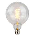 Klares Bild einer Vintage-LED-Glühbirne G125 in Kugelform, von vorne betrachtet, mit sichtbarem Spiralfaden und E27-Fassung.