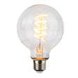 Helle, von vorne sichtbare Filament-LED-Glühbirne mit E27-Fassung, deren Spiralfaden warmweißes Licht abgibt, perfekt für die dekorative Innenbeleuchtung.