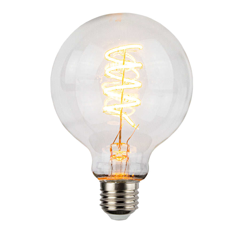 Helle, von vorne sichtbare Filament-LED-Glühbirne mit E27-Fassung, deren Spiralfaden warmweißes Licht abgibt, perfekt für die dekorative Innenbeleuchtung.