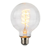 Helle, von vorne sichtbare Filament-LED-Glühbirne mit E27-Fassung, deren Spiralfaden warmweißes Licht abgibt, perfekt für die dekorative Innenbeleuchtung.