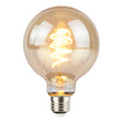 Dekorative LED-Filamentlampe G125 mit E27-Fassung, warmem Filament und bernsteinfarbenem Glas, Frontansicht.