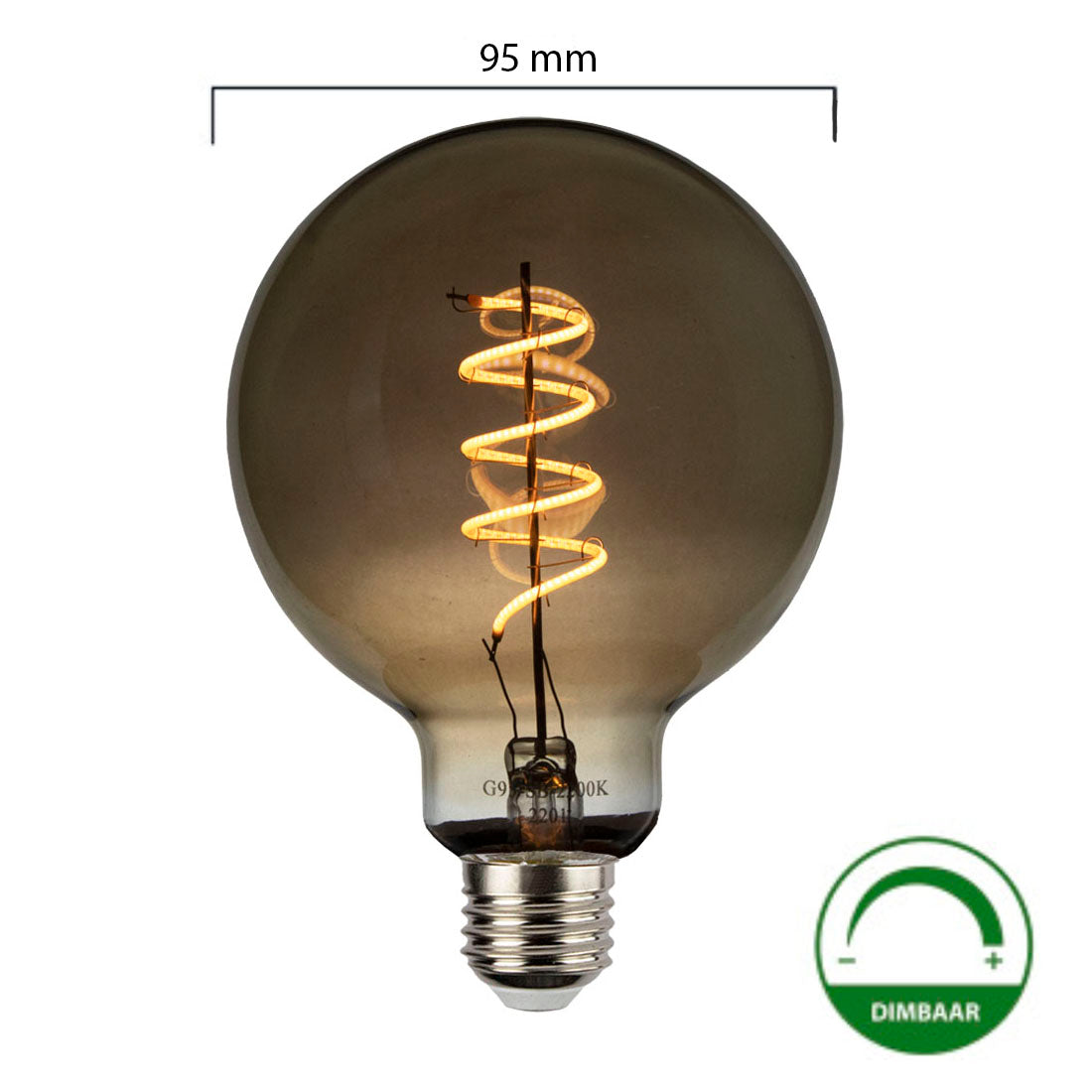 LED Filament Globe lamp smoked - spiraal | 95mm | 4 Watt | Dimbaar | 2200K - Extra warm