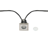 Quadratischer LED-Einbaustrahler mit Edelstahl-Finish und runder Linse, Frontansicht, inklusive Anschlusskabel und separatem Diffusor.