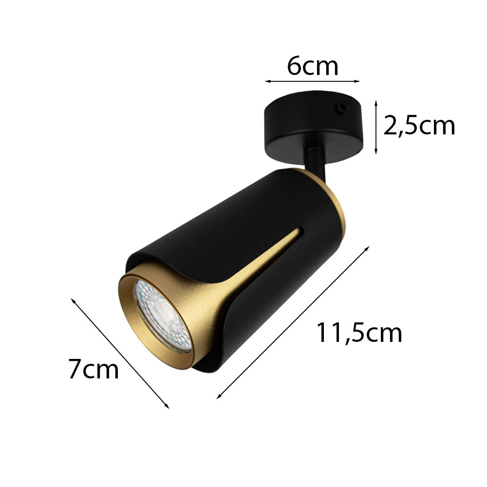 Schwarz-goldener verstellbarer Deckenstrahler mit zylindrischem Design, moderner Optik und den Maßen 11,5 cm Länge, 7 cm Breite, Deckensockel 6 cm Durchmesser und 2,5 cm Höhe – Seitenansicht mit sichtbaren Maßen.