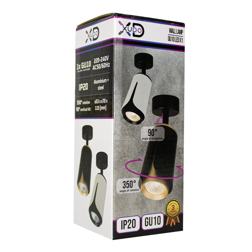 Produktverpackung der Xudo GU10 LED-Wandleuchte, fotografiert in einer schrägen Frontansicht; die Verpackung zeigt Spezifikationen wie 90° Neigung, 350° Drehung, IP20-Schutzart und Eignung für 1x GU10-Glühbirne; das Bild enthält auch eine visuelle Darstellung der Glühbirne selbst und ein Symbol für 3 Jahre Garantie.