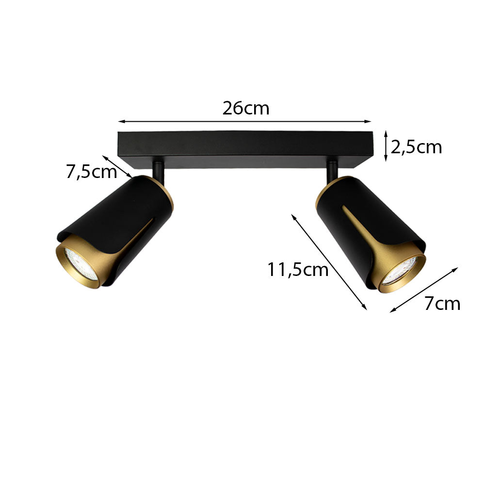 Dubbele opbouwspot | Tulip | Zwart/ Goud | 2x GU10 fitting | Afmetingen