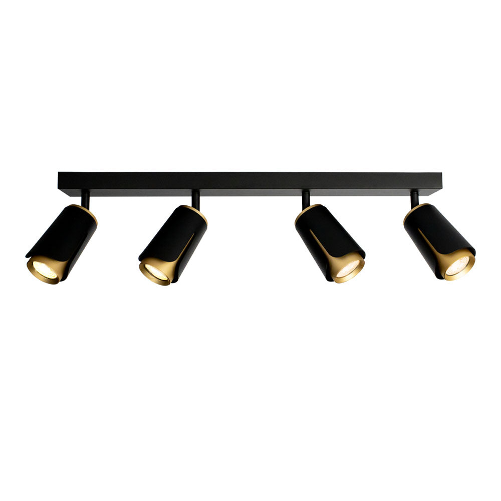 Schwarze moderne Deckenleuchte mit vier verstellbaren Strahlern und goldenen Akzenten, Vorderansicht.