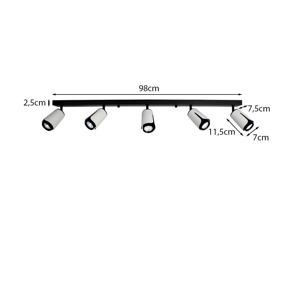 Vijf dubbel opbouwspot | Zwart/ Wit| 5x GU10 fitting | Afmetingen