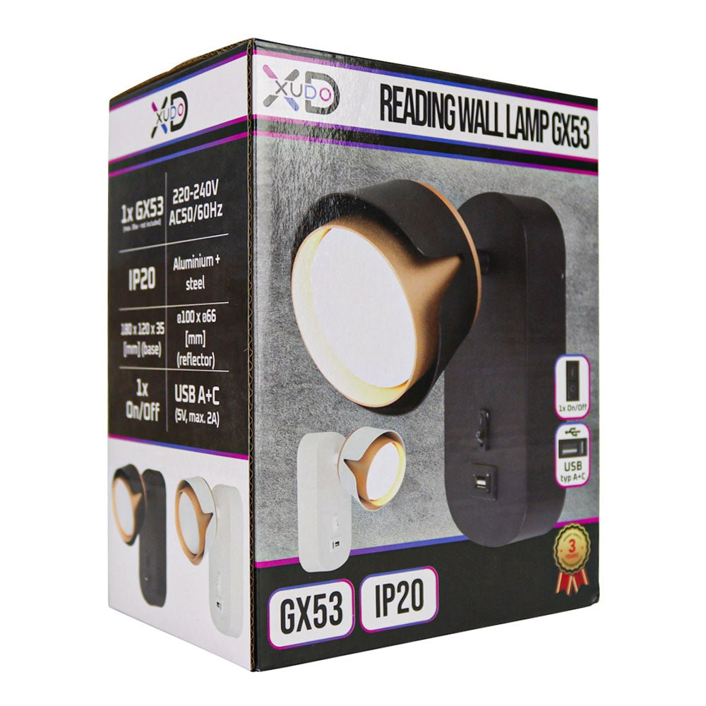 Produktverpackung der XUDO Lesewandlampe GX53, schräge Vorderansicht, mit Spezifikationen einschließlich IP20-Klassifizierung, USB-A+C-Anschlüssen, Aluminium- und Stahldesign und Bild der Wandlampe in Schwarzweiß.