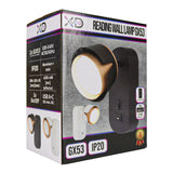 Produktverpackung der XUDO Lesewandlampe GX53, schräge Vorderansicht, mit Spezifikationen einschließlich IP20-Klassifizierung, USB-A+C-Anschlüssen, Aluminium- und Stahldesign und Bild der Wandlampe in Schwarzweiß.