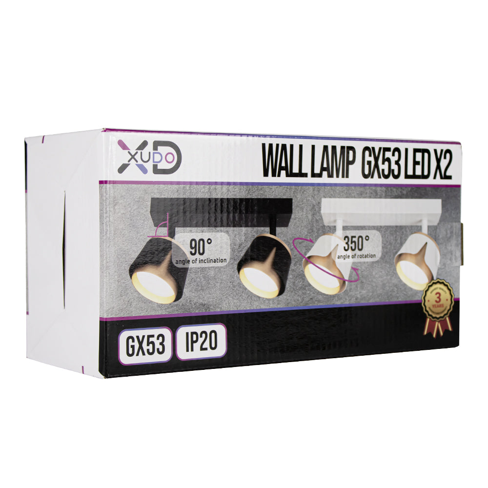 Produktverpackung der XUDO Wandleuchte GX53 LED X2, von schräg vorne gesehen, zeigt Abbildungen der Leuchte im Schwarz-Weiß-Design, inklusive Angaben zum 90° Neigungswinkel und 350° Drehwinkel, passend für GX53 Lampenfassungen und IP20 Innenanwendung.