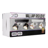 Produktverpackung der XUDO Wandleuchte GX53 LED X2, von schräg vorne gesehen, zeigt Abbildungen der Leuchte im Schwarz-Weiß-Design, inklusive Angaben zum 90° Neigungswinkel und 350° Drehwinkel, passend für GX53 Lampenfassungen und IP20 Innenanwendung.
