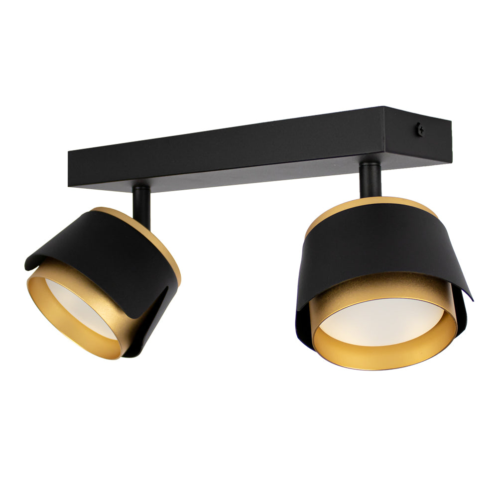 Schwarz-goldener Deckenstrahler mit zwei verstellbaren Lampenschirmen, modernes Design – schräge Frontansicht.