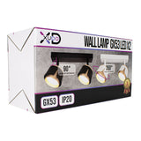 Verpackung der XUDO Wandleuchte GX53 LED X2, mit einer Seitenansicht der Schachtel, die das Produkt und seine Funktionen wie 90° Neigung und 350° Drehbarkeit sowie die GX53- und IP20-Spezifikationen zeigt.