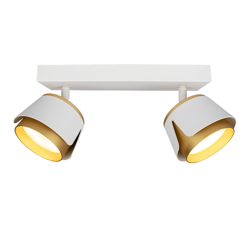 Moderner weißer Deckenstrahler mit zwei verstellbaren Lampen und goldfarbener Innenseite, Frontansicht.