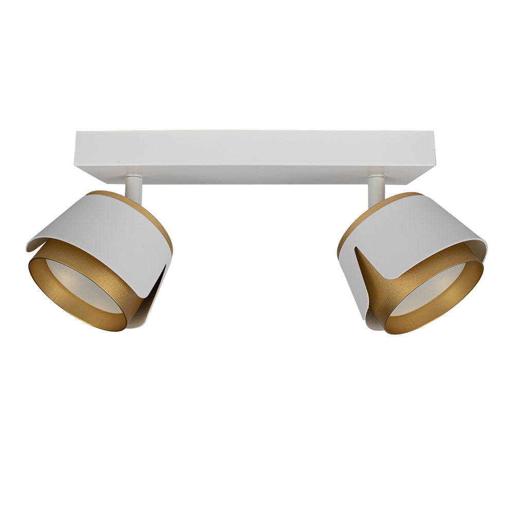 Moderner Deckenstrahler mit zwei verstellbaren Leuchtenköpfen in Mattweiß und Gold, Frontansicht der zeitgenössischen Designbeleuchtung, geeignet für Wohnzimmer, Küche oder Flur.