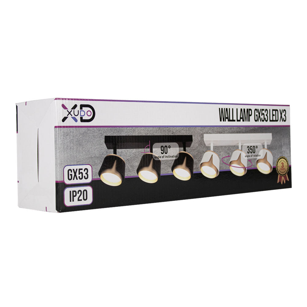 Verpackung der Xudo Wandleuchte GX53 LED X3 mit drei verstellbaren Strahlern, GX53-Fassung, IP20-Klassifizierung; Vorderansicht der Produktverpackung mit technischen Daten und Abbildung der Lampen.