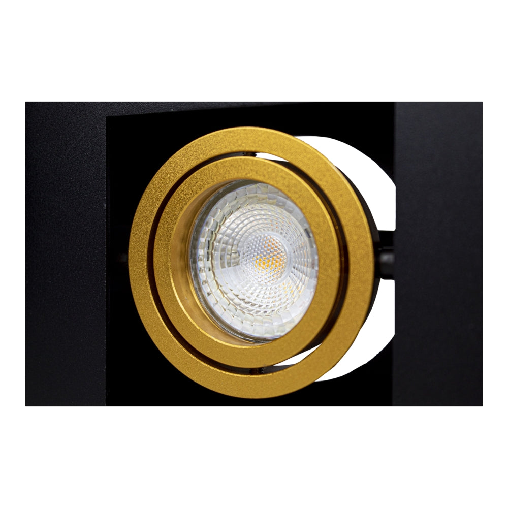 Nahaufnahme eines modernen schwarzen Deckenstrahlers mit einer goldfarbenen, verstellbaren LED-Lichtquelle, geeignet für die Akzentbeleuchtung in der Innenarchitektur.