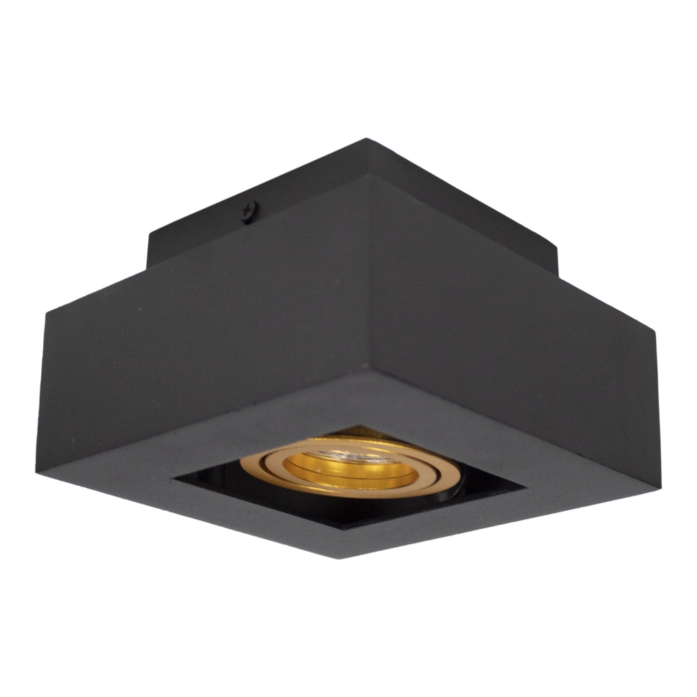 Quadratischer schwarzer Aufbaustrahler mit goldfarbenem Innenring, modernes Design, Ansicht von unten.